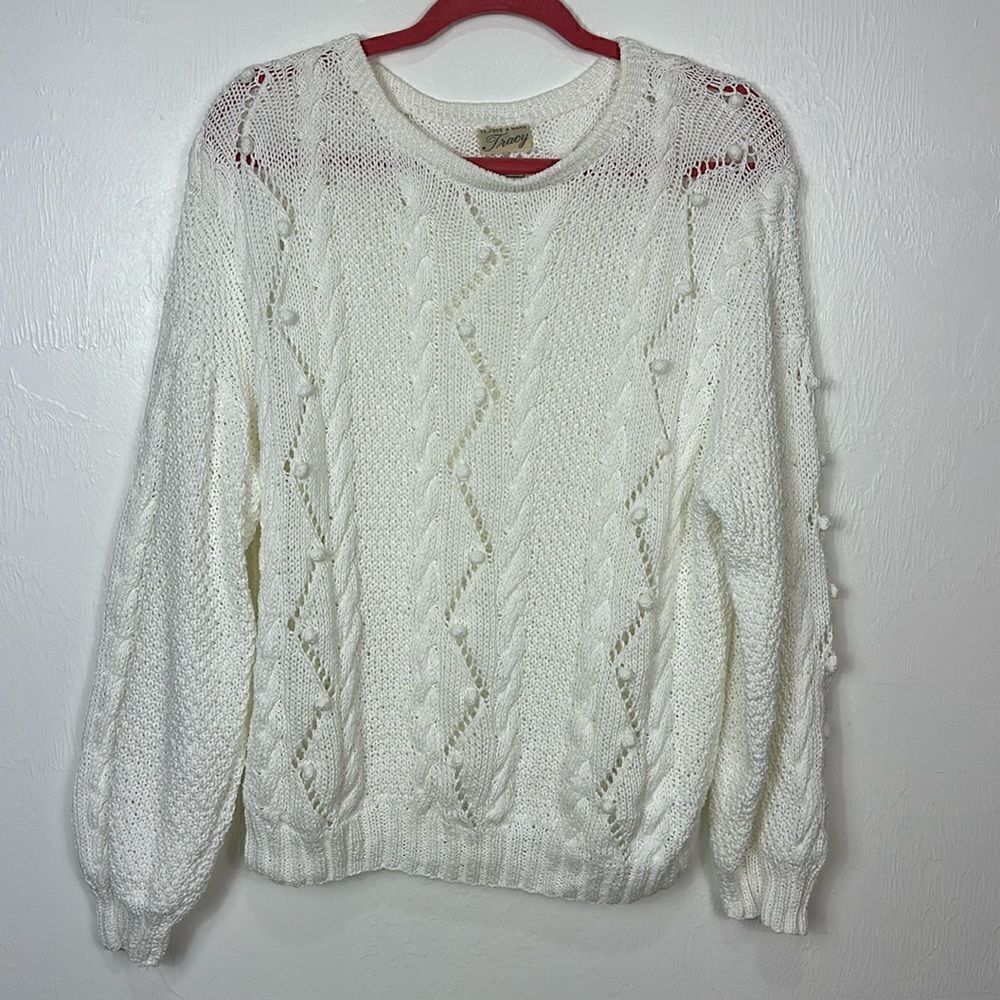 Tracy Handmade In Chile Cotton White Crew Neck Pullover Sweater Size L